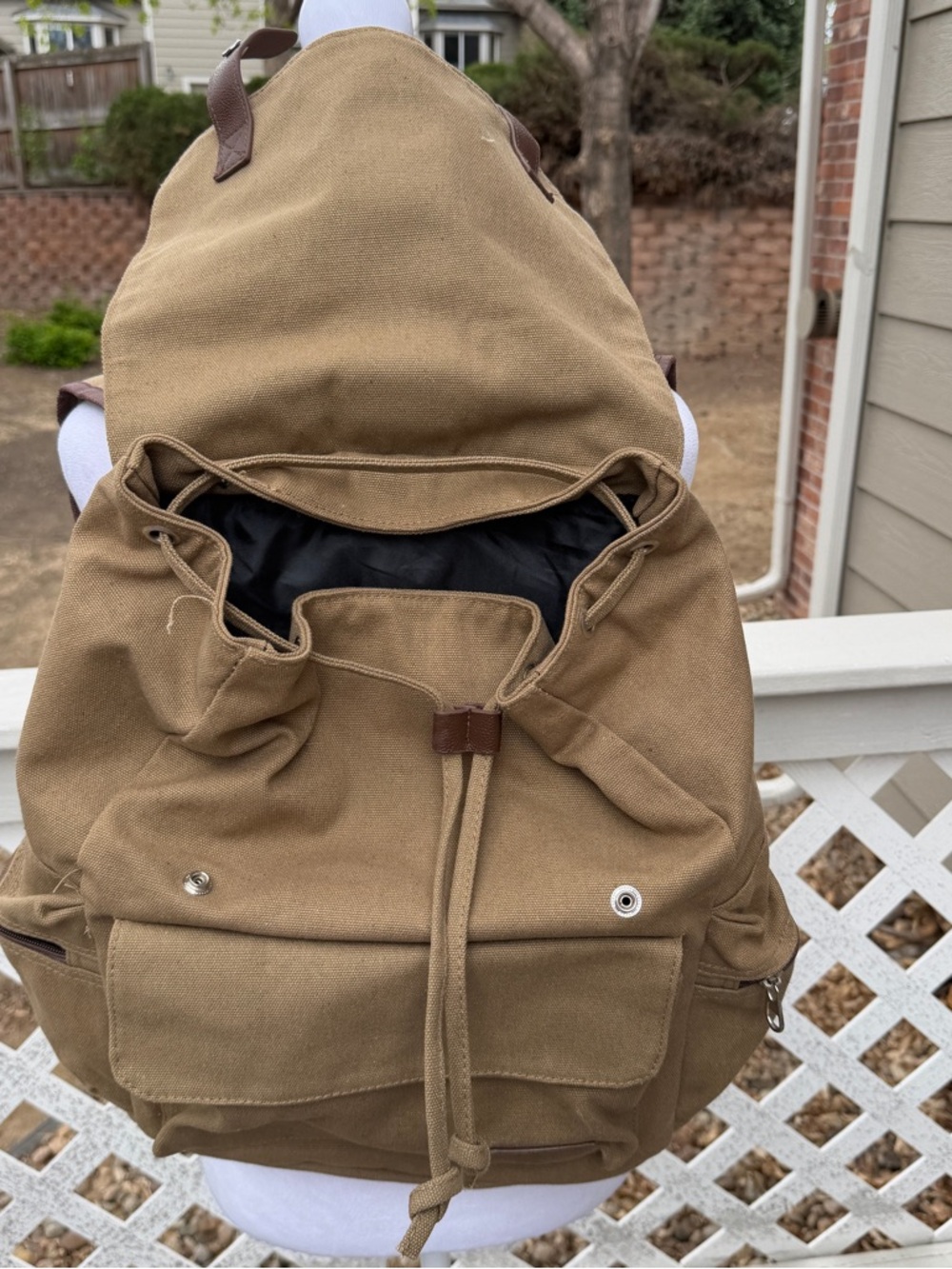 Bella Russo Canvas Backpack Unisex Drawstring Flap Zipper Pockets Faux Leather - Picture 8 of 11